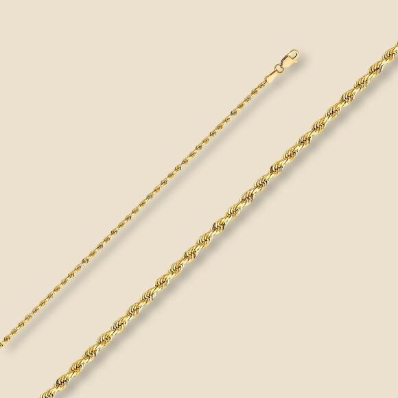 14K Yellow Gold 1.9mm Solid Rope Chain Necklace